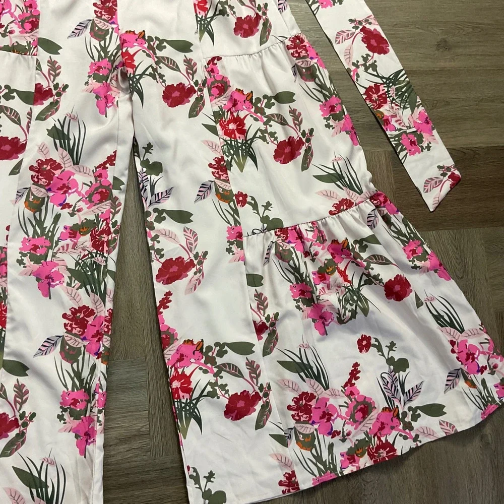 Floral Wide Leg Palazzo Tiered Rose Ruffle High Waist Pants Small White Pink Red